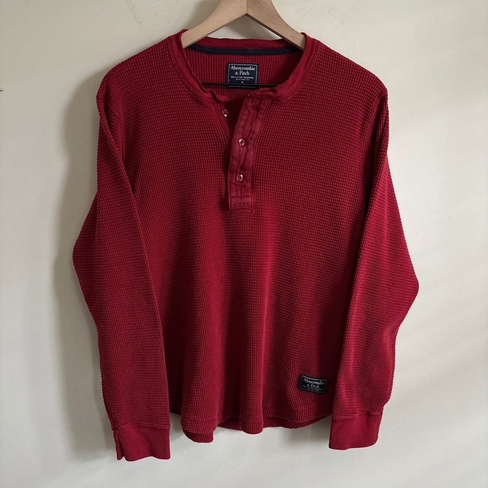 Abercrombie & Fitch Mens Red Waffle Knit Henley Long Sleeve Shirt Small